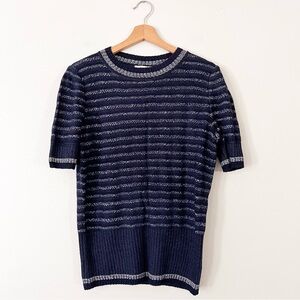 ST JOHN Sport Sweater Blouse Womens Navy Stripe Short Sleeve Medium